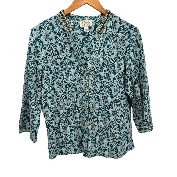 Talbots Blouse Womens Petite Large Lp Teal Button Up Beaded V-Neck 3/4 Sleeve - Picture 1 of 8